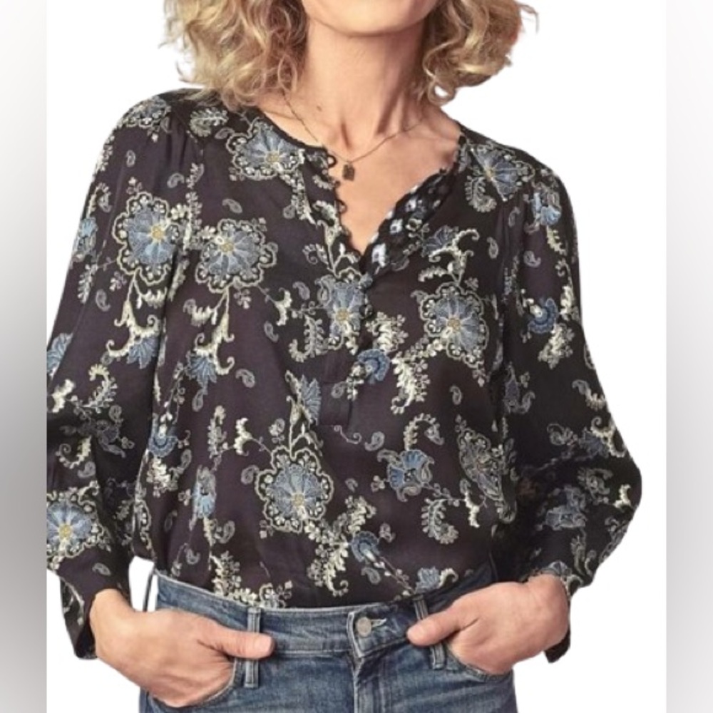 Rebecca Taylor Black Blouse with Blue and Cream Floral Print